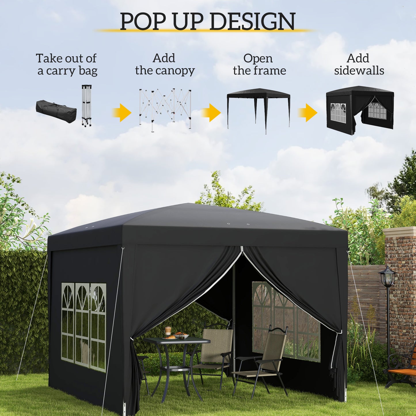 3x3(m) Pop-Up Gazebo, with Curtain Walls and Windows, Black