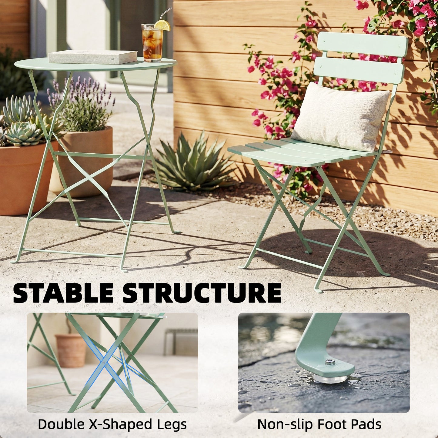 Folding Garden Bistro Set, Outdoor Round Bistro Table and Chairs Set 2 with Electrophoresis Metal Frame, Light Green