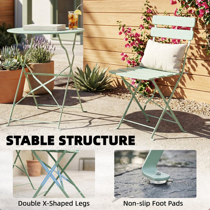Folding Garden Bistro Set, Outdoor Round Bistro Table and Chairs Set 2 with Electrophoresis Metal Frame, Light Green
