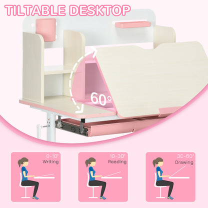 Kids Desk and Chair Set, with Storage Shelves, Washable Cover, for Ages 3-12 Years - Pink