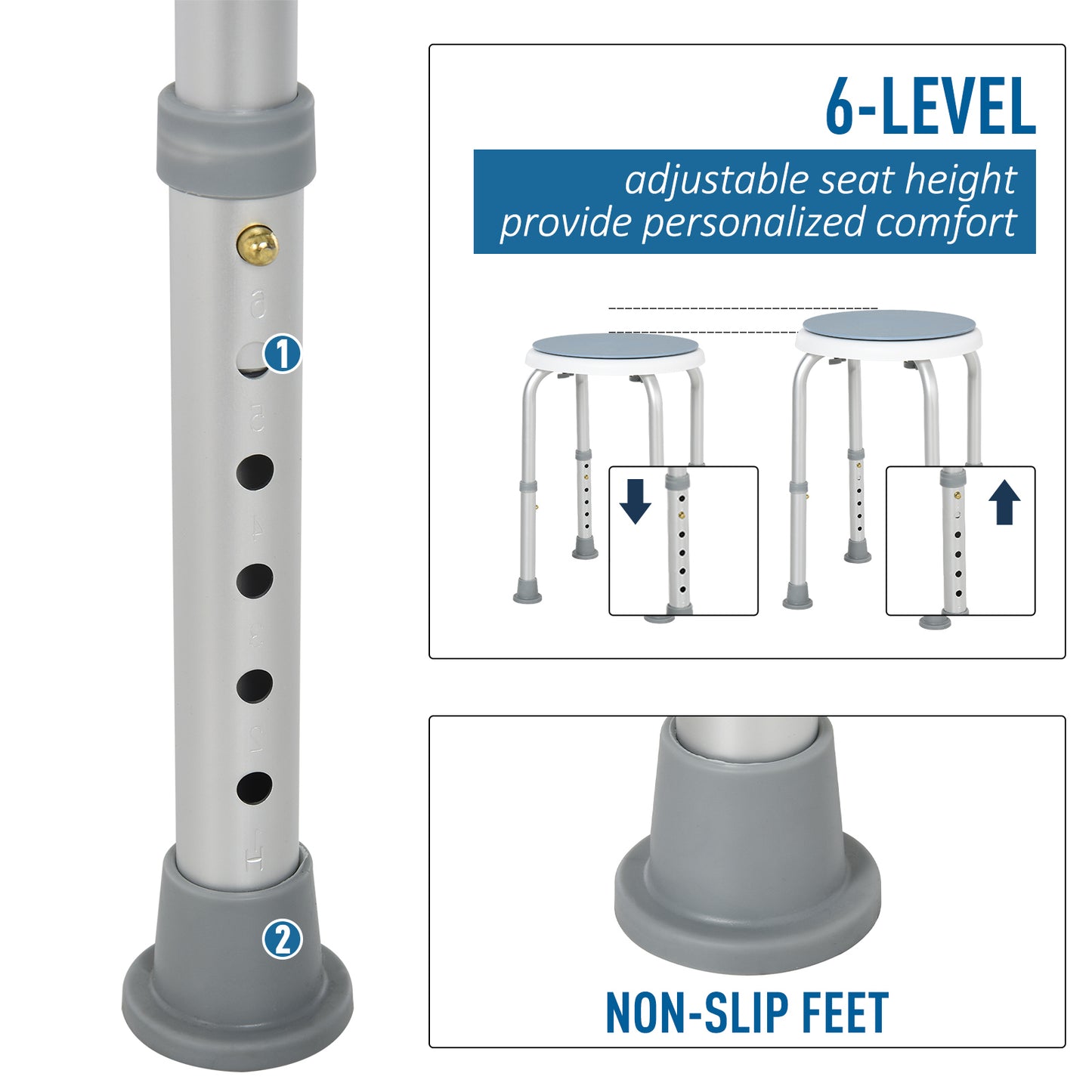 360° Swivel Shower Chair, Height Adjustable Aluminium Shower Stool with Non-Slip Feet for Disabled, Elderly, Light Blue