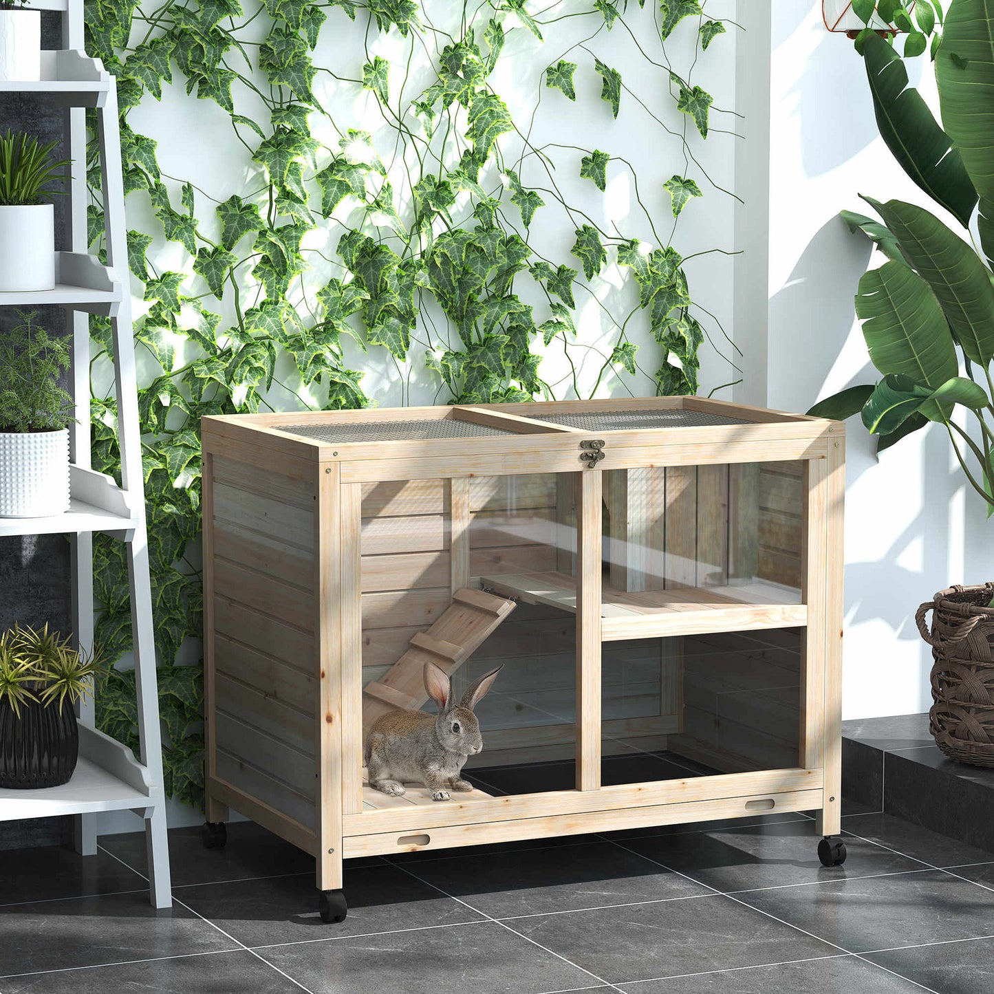 Rabbit Hutch Indoor with Wheels, Wooden Guinea Pig House Hamster Cage, 2 Layers Bunny Cage with Openable Roof