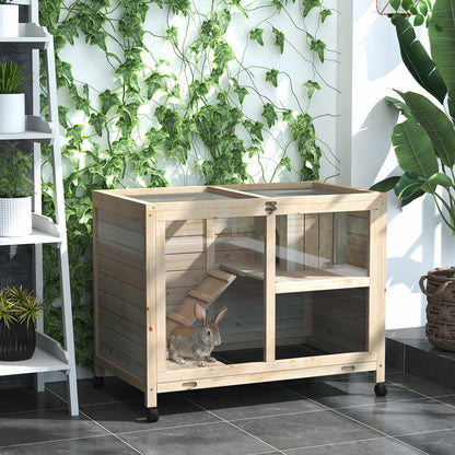 Rabbit Hutch Indoor with Wheels, Wooden Guinea Pig House Hamster Cage, 2 Layers Bunny Cage with Openable Roof