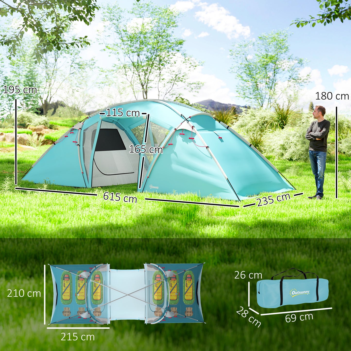 4-6 Man Family Camping Tent w/ 2 Bedrooms and a Living Room, Waterproof Tunnel Tent w/ Sewn In Groundsheet, Doors, Windows