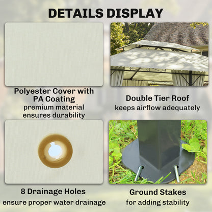 4m x 3(m)Garden Gazebo, Double Roof Outdoor Gazebo Canopy Shelter with Curtains, Solid Steel Frame for Lawn and Deck, Beige