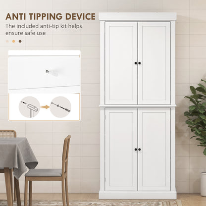 Freestanding Kitchen Cupboard with 4 Doors, Storage Cabinet with 6-Tier Shelving and 4 Adjustable Shelves, White
