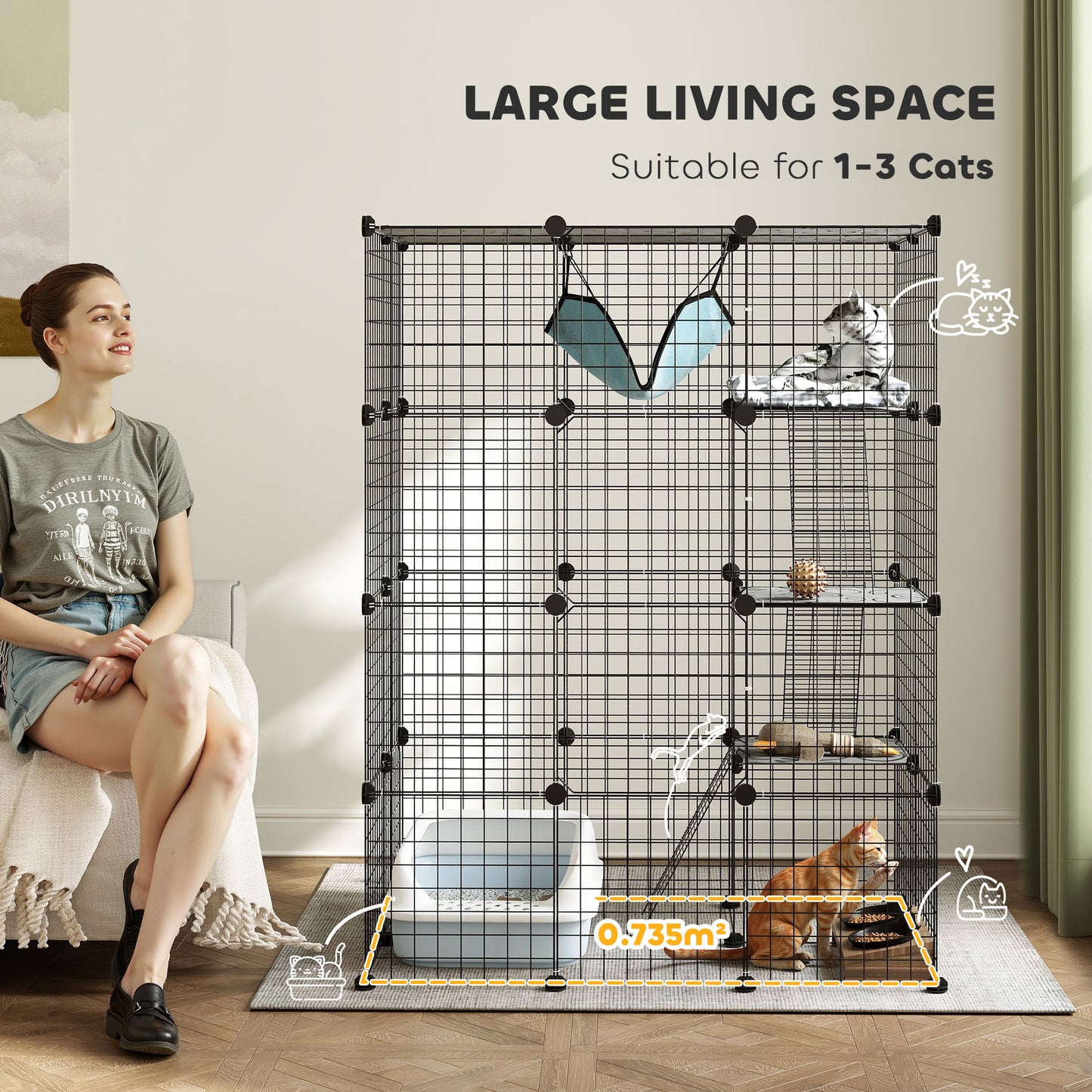 Four-Tier DIY Large Cat Cage with Hammock, Ramps, Five Doors, Indoor Use for 1-3 Cats, Black