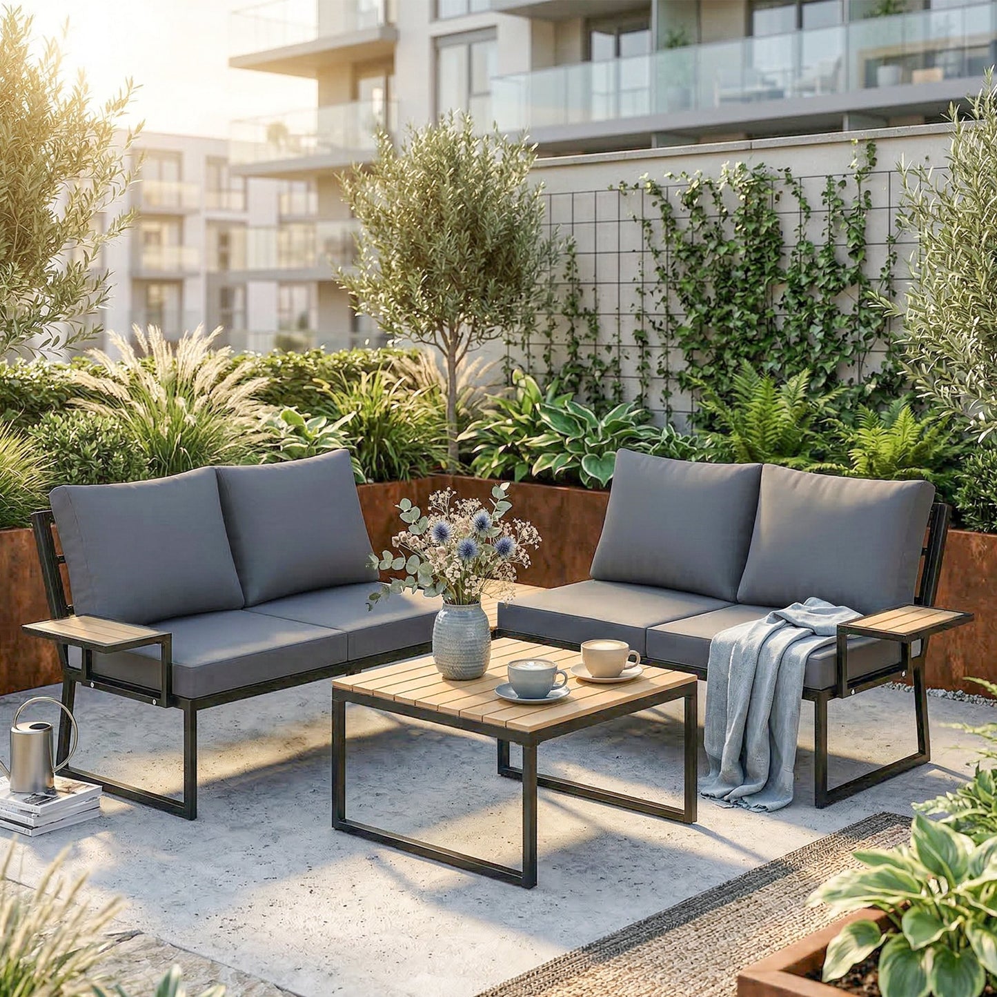 4 Seater Metal Garden Furniture Set, Corner Garden Sofa Set with 2 Loveseats, 2 Nesting Tables, Arm Side Trays, Teak
