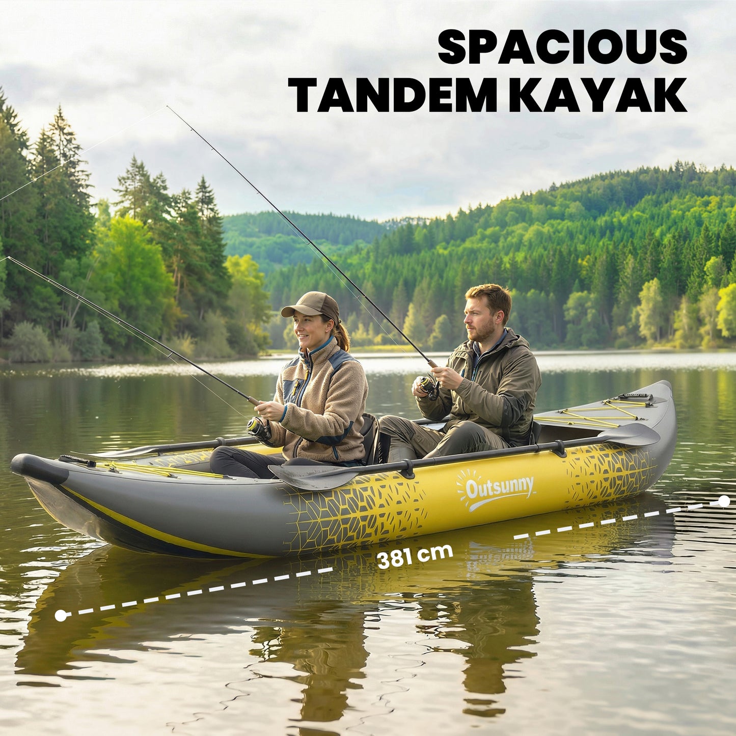 12.5' Inflatable Kayak Set, 2-person Sit on Canoe with Aluminium Oars, Grey and Yellow