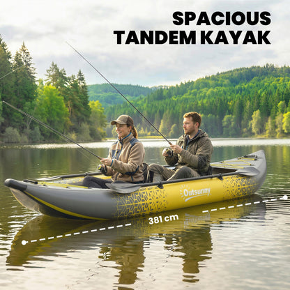 12.5' Inflatable Kayak Set, 2-person Sit on Canoe with Aluminium Oars, Grey and Yellow