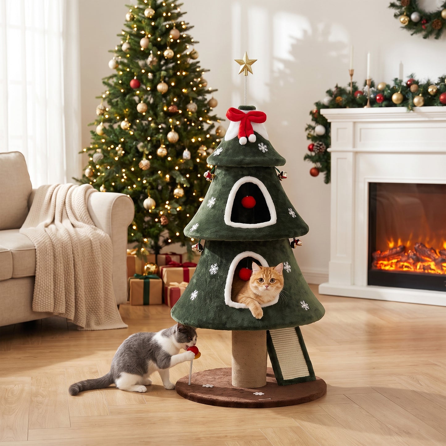 Cat Tree, Christmas Cat Tower with Dual Condos, Sisal Ladder, Jute Posts, Anti-Tip Rope, Hanging Balls, 60 x 60 x 132 cm