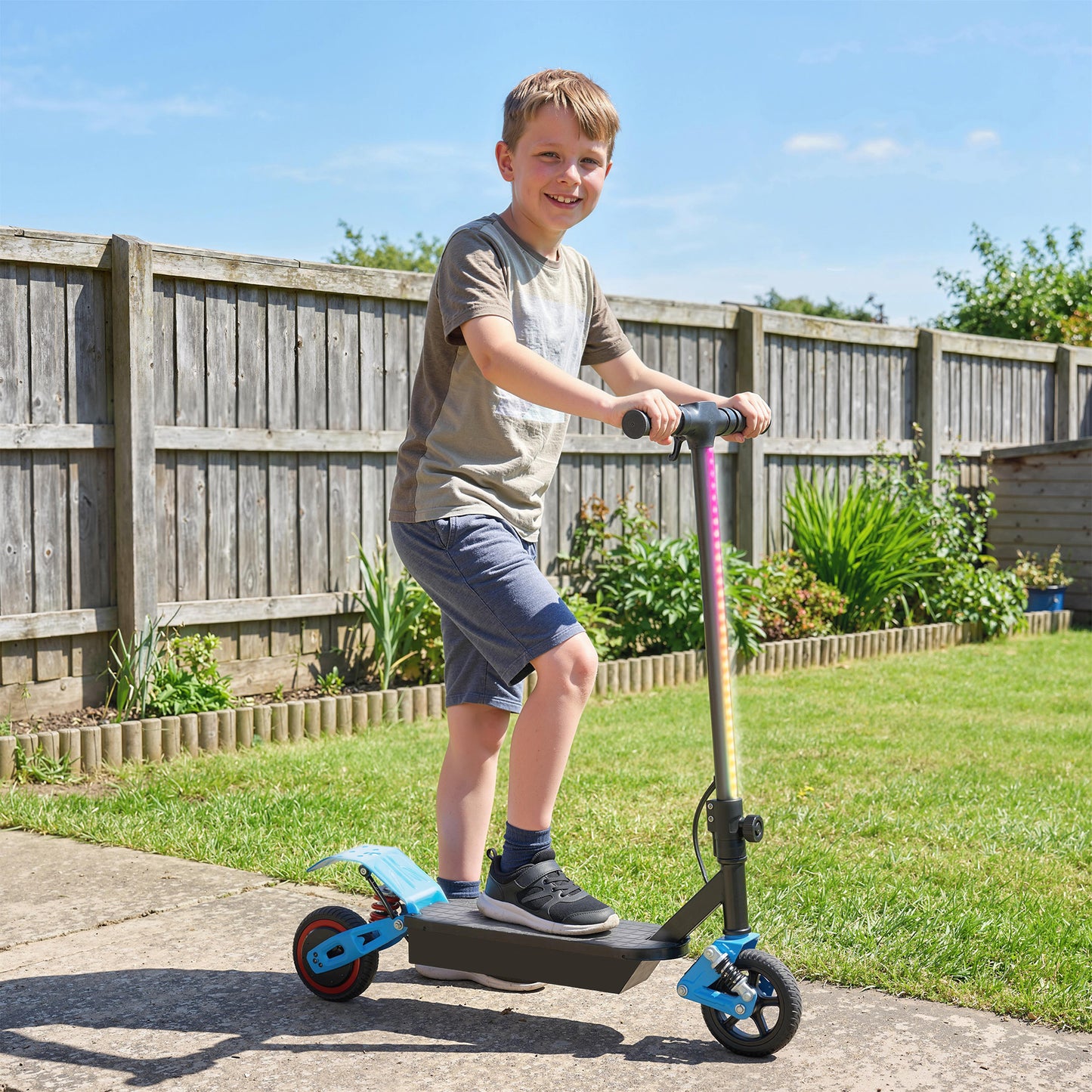 Foldable Kids Electric Scooter with LCD Display, Dual Shock Absorption, Up to 15 KM/H, Max Range 6 KM for Age 6-14, Blue
