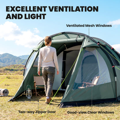 Two Room Tunnel Tent Camping Tent for 3 Man with Windows, Covers, Carry Bag, for Fishing, Hiking, Sports, Green