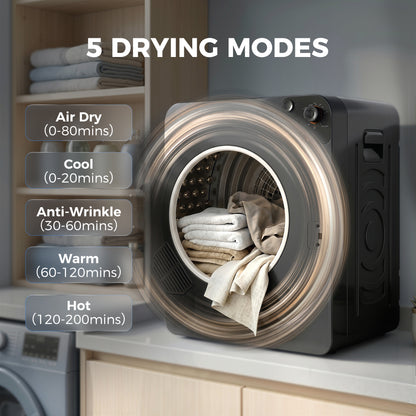5kg Vented Tumble Dryer, 1000W Compact Tumble Dryer with 5 Drying Modes, Stainless Steel Tub, Black