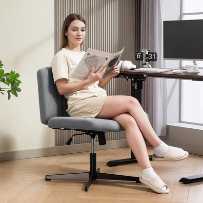 Armless Office Chair No Wheels, Linen Fabric Criss Cross Legged Desk Chair with Wide Seat, Thick Padding, Tilt Function