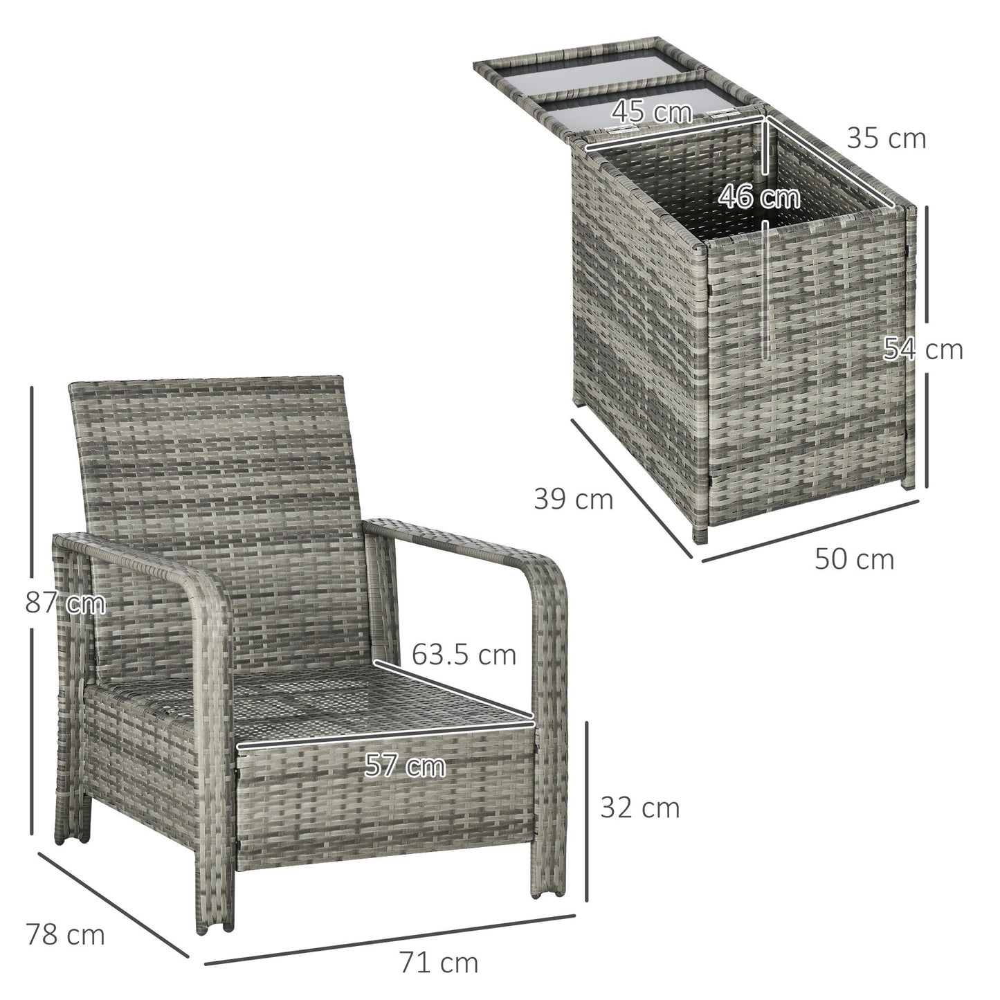 3 Pieces Rattan Bistro Set, Wicker Garden Furniture Set with 72 L Storage Coffee Table and Chairs, Orange