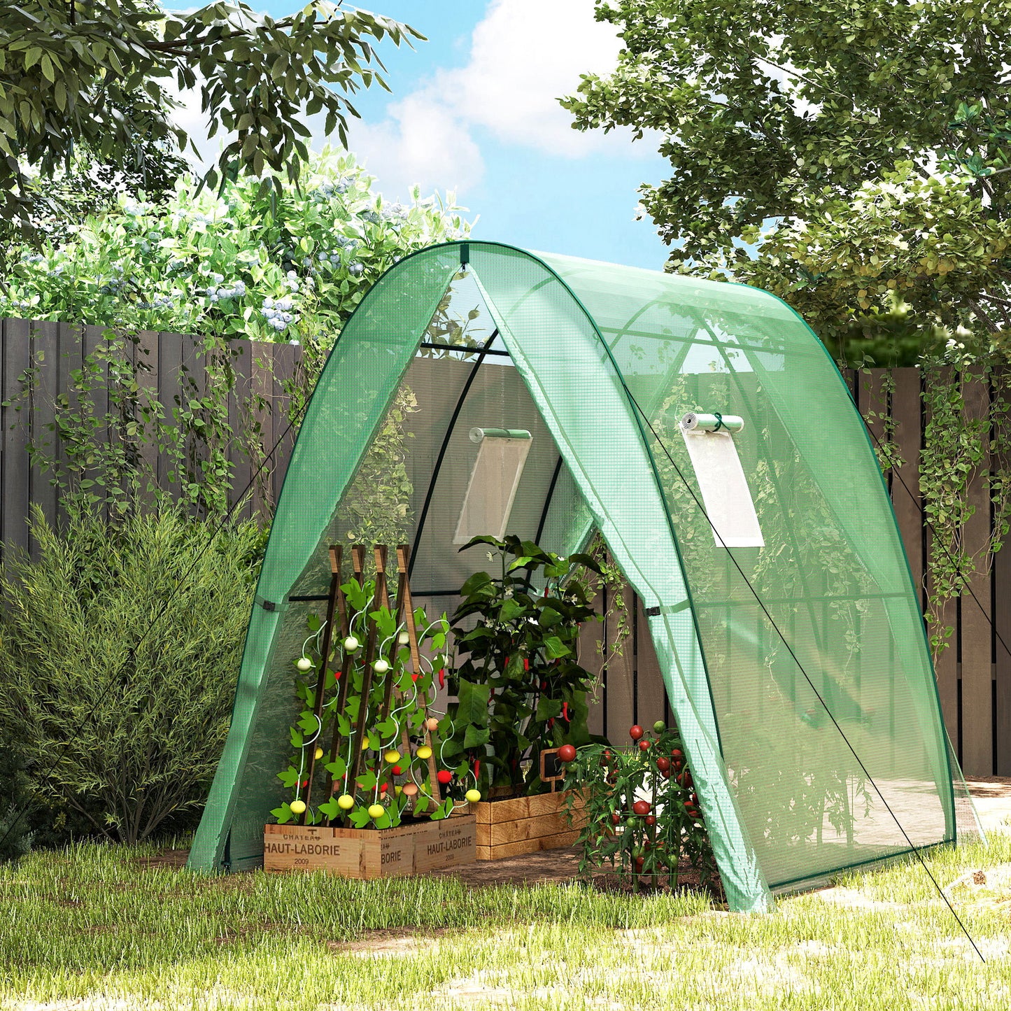 Polytunnel Greenhouse with Sandbags, Walk-In Tunnel Green House with 2 Doors and Screen Windows, 1.8 x 1.8 x 2m, Green