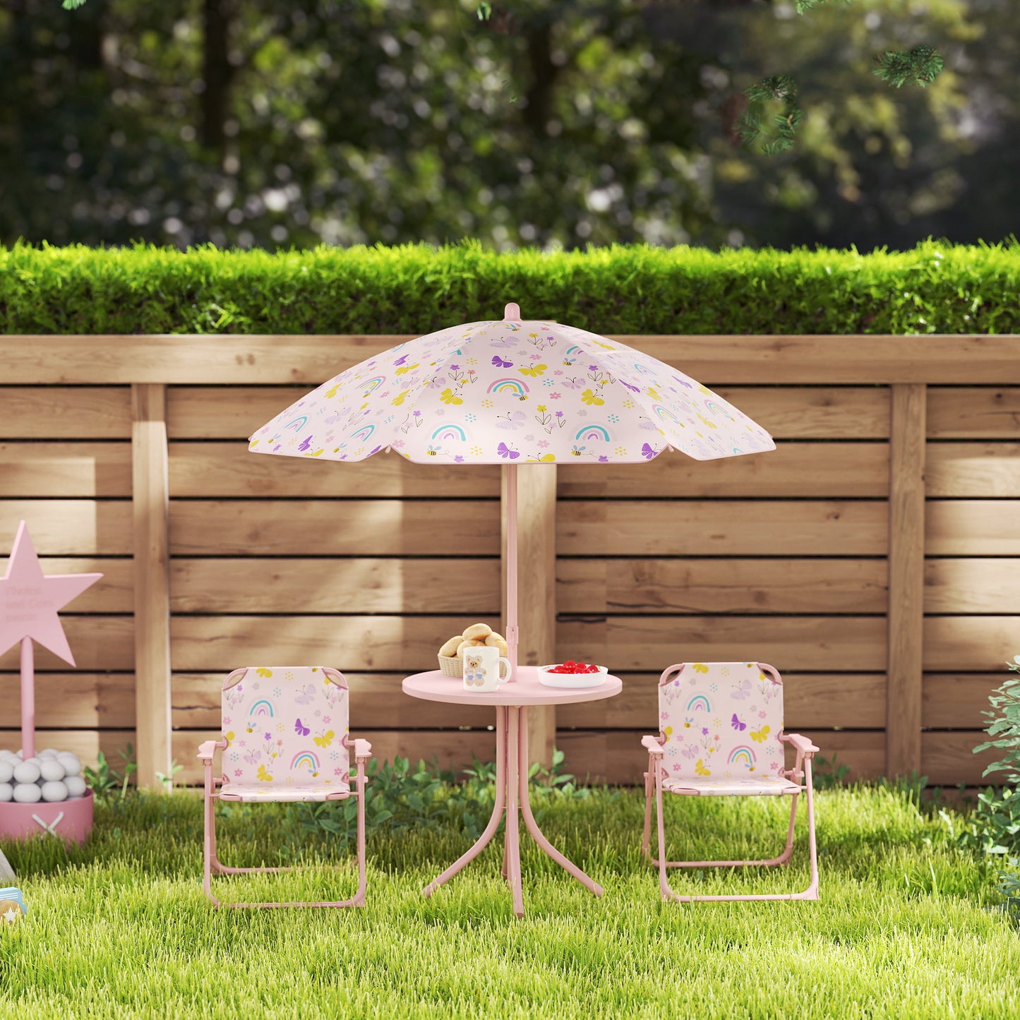 4-Piece Kids Garden Table and Chair Set with Adjustable Parasol, Folding Chairs, Table, Rainbow Pattern, Pink