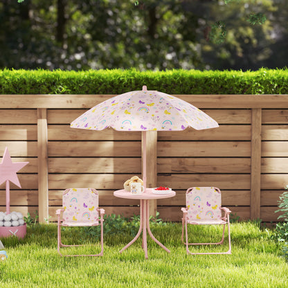 4-Piece Kids Garden Table and Chair Set with Adjustable Parasol, Folding Chairs, Table, Rainbow Pattern, Pink