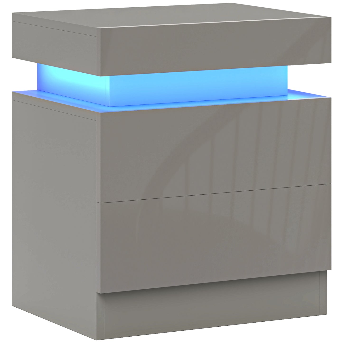 Grey Bedside Table with LED Light, High Gloss Front Nightstand with 2 Drawers, for Living Room, Bedroom
