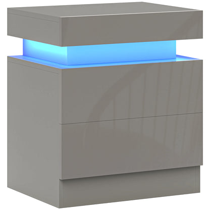Grey Bedside Table with LED Light, High Gloss Front Nightstand with 2 Drawers, for Living Room, Bedroom