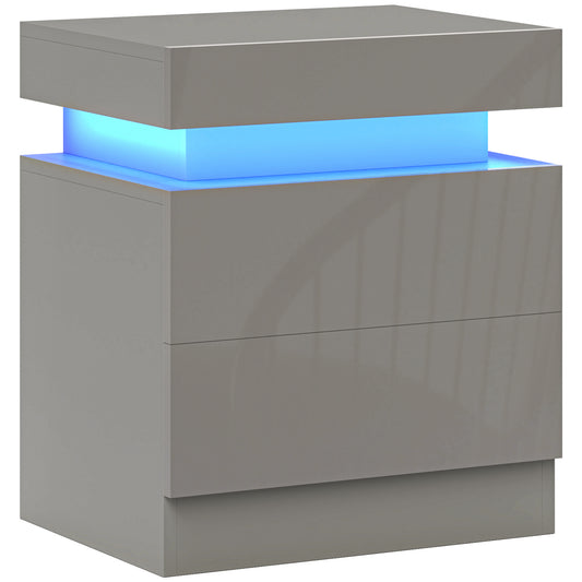Grey Bedside Table with LED Light, High Gloss Front Nightstand with 2 Drawers, for Living Room, Bedroom