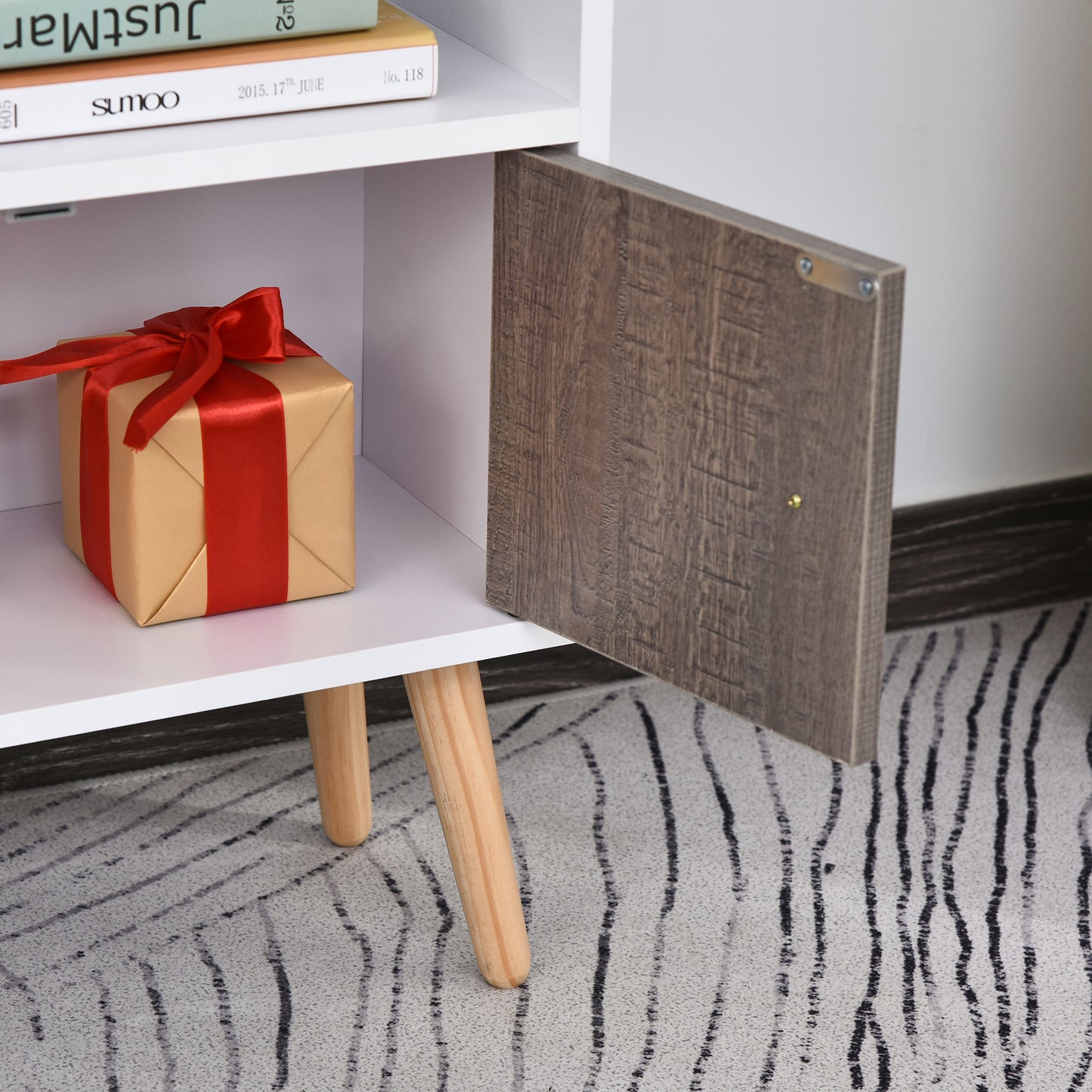 Bookcase, Freestanding Book Shelf with Storage Cabinet, 6 Shelves and Wood Legs for Home Office Display, White and Grey