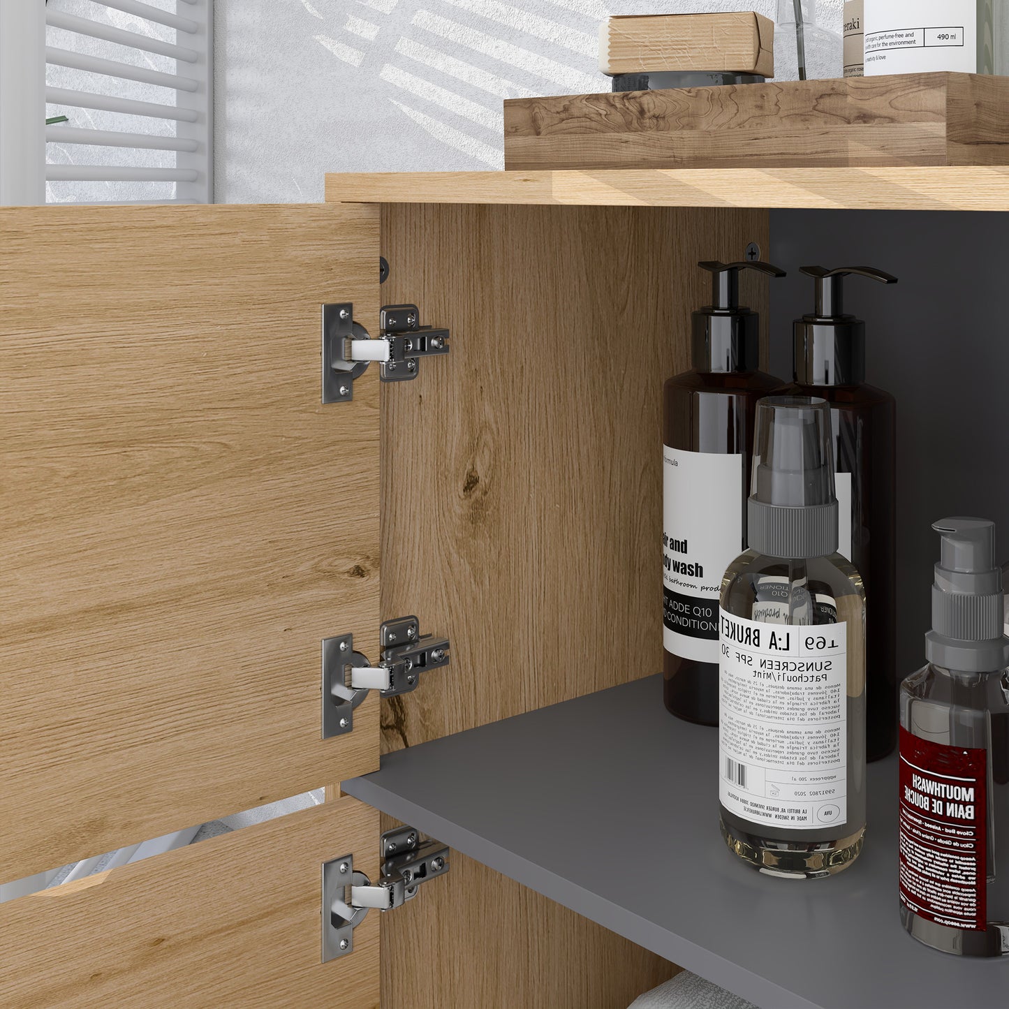 Bathroom Cabinet, Freestanding Bathroom Cabinet with Open Compartments and Double Doors