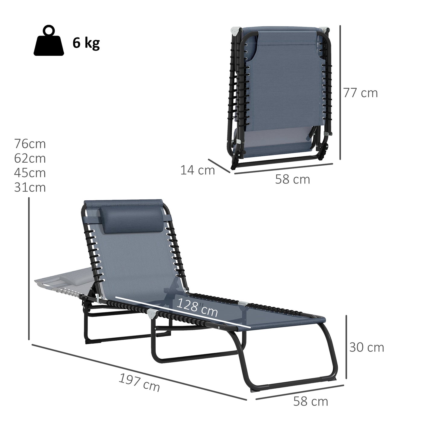 Foldable Sun Lounger, Outdoor 4 Level Adjustable Backrest Reclining Chaise Chair, Steel Frame Recliner Chair for Camping
