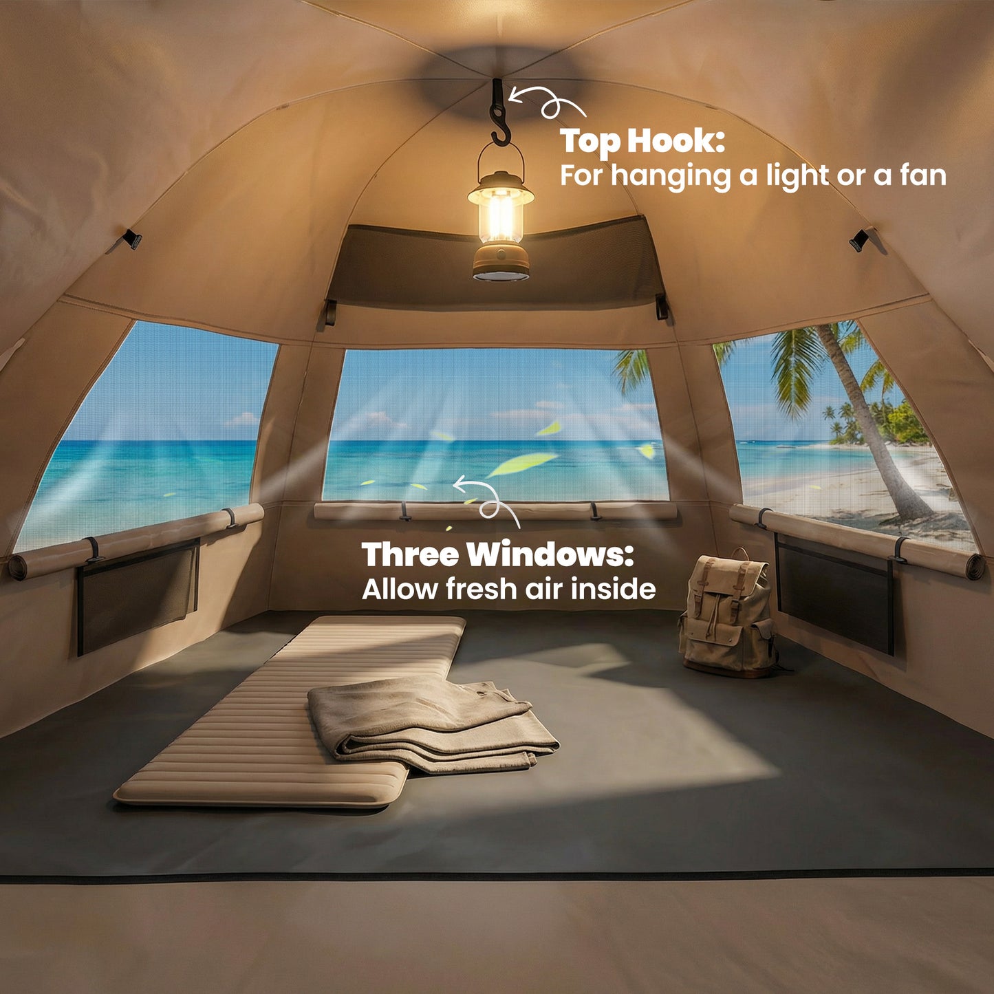 2-3 Person Pop Up Beach Tent, UPF15+ Sun Shelter with Extended Floor, Sandbags, Mesh Windows and Carry Bag, Brown