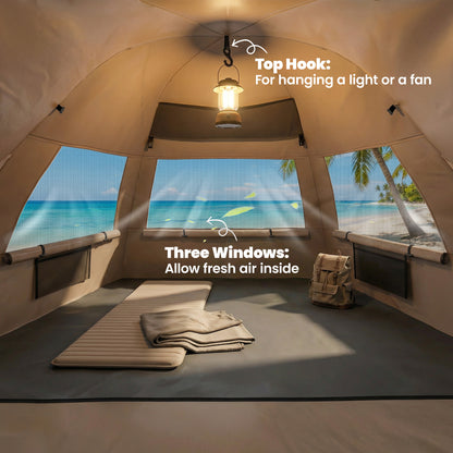 2-3 Person Pop Up Beach Tent, UPF15+ Sun Shelter with Extended Floor, Sandbags, Mesh Windows and Carry Bag, Brown