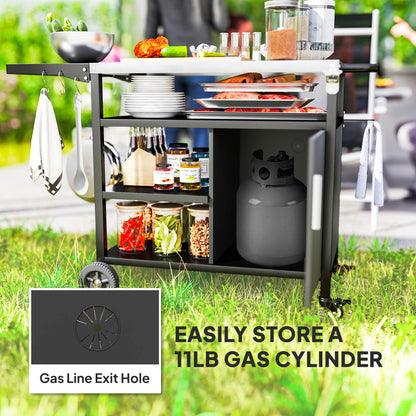 Outdoor BBQ Trolley with Foldable Side Table, Stainless Steel Top, Outdoor Kitchen with Wheels Hooks Shelves Cabinet