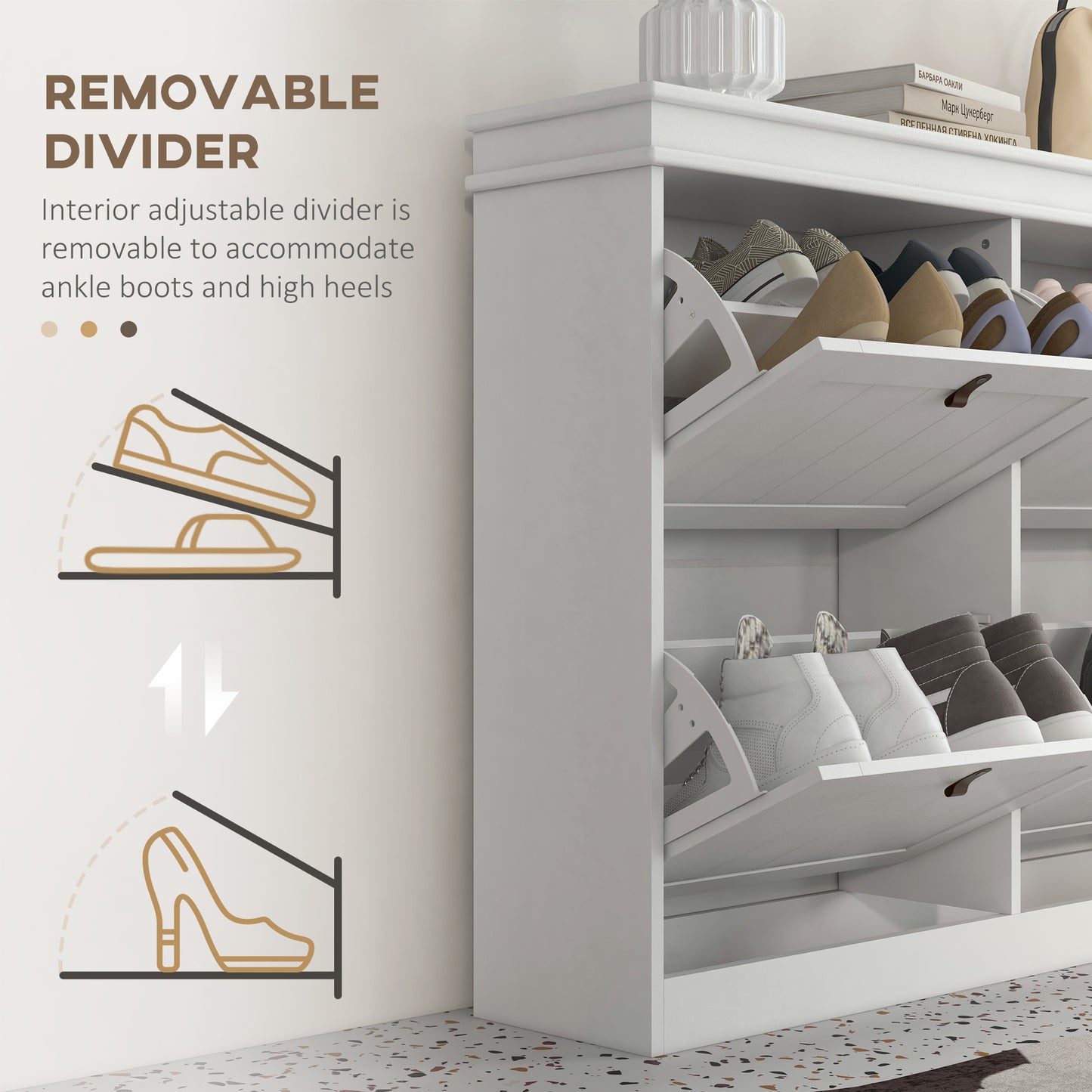 Slim Shoe Cabinet, Shoe Cabinet with 4 Drop-Down Drawers, 105W x 24D x 82.5H cm, White