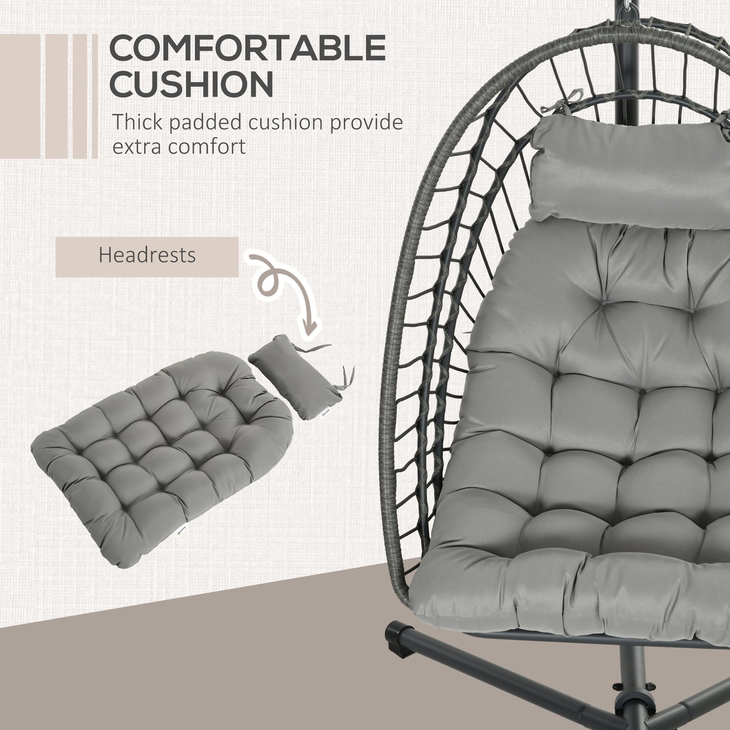 Outdoor PE Rattan Swing Chair with Foldable Basket and Cushion, Garden Patio Hanging Egg Chair with Metal Stand
