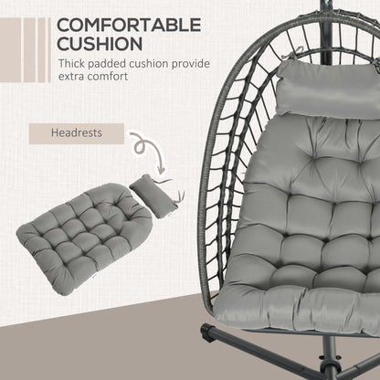 Outdoor PE Rattan Swing Chair with Foldable Basket and Cushion, Garden Patio Hanging Egg Chair with Metal Stand