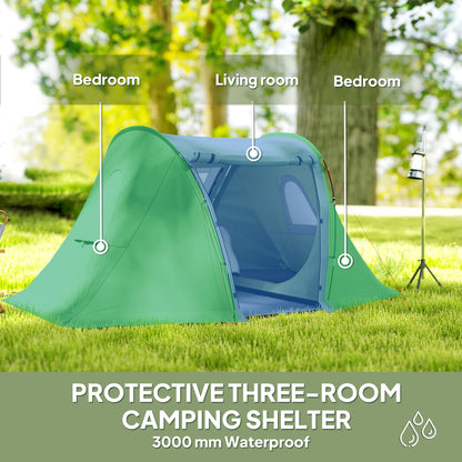 3 Man Camping Tent with Living Area and 2 Bedrooms, 3000mm Waterproof Family Tent with Sewn-in Groundsheet and bag