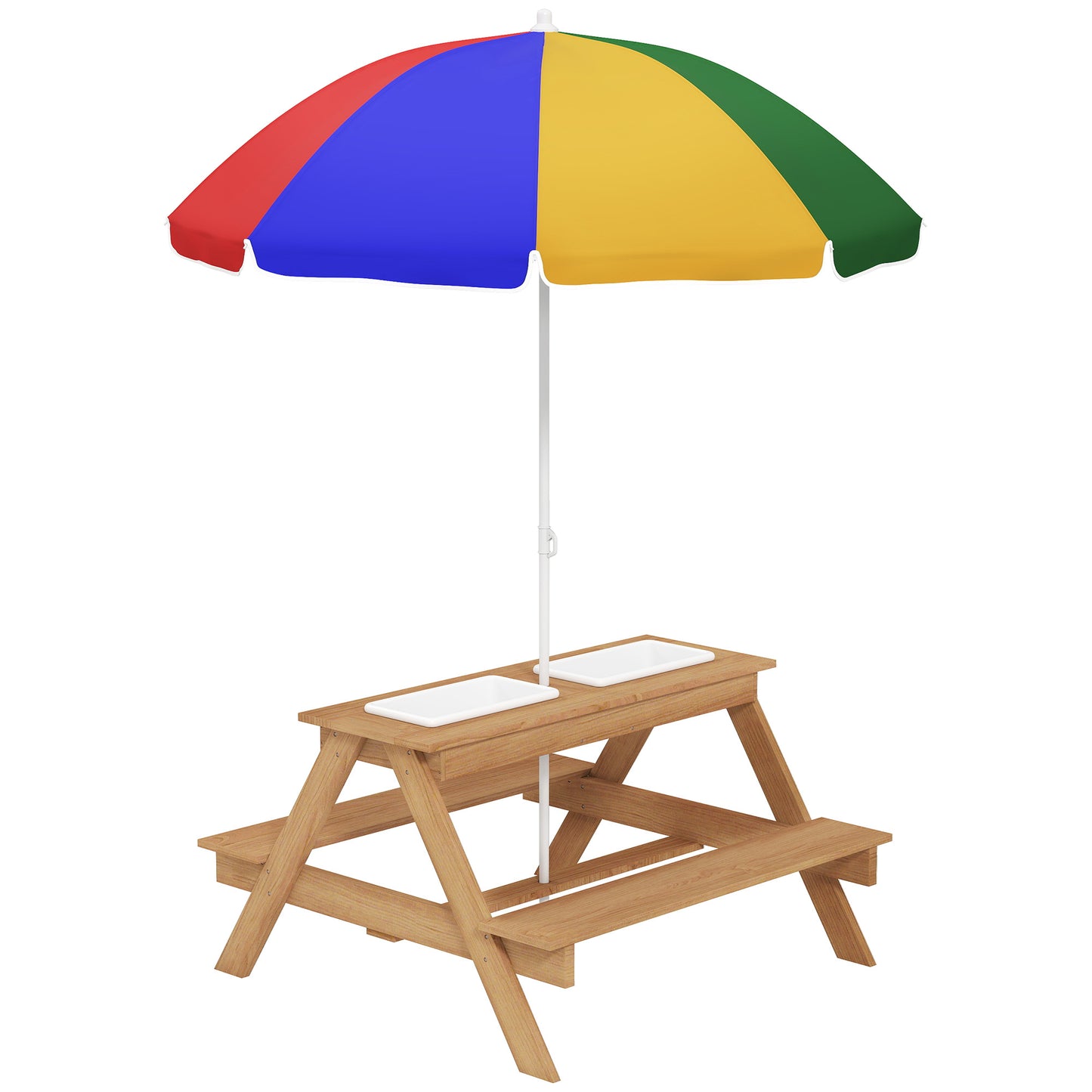 Kids Picnic Table, Sand and Water Table with Wooden Benches, Adjustable Parasol and Storage Bins, Multicolour