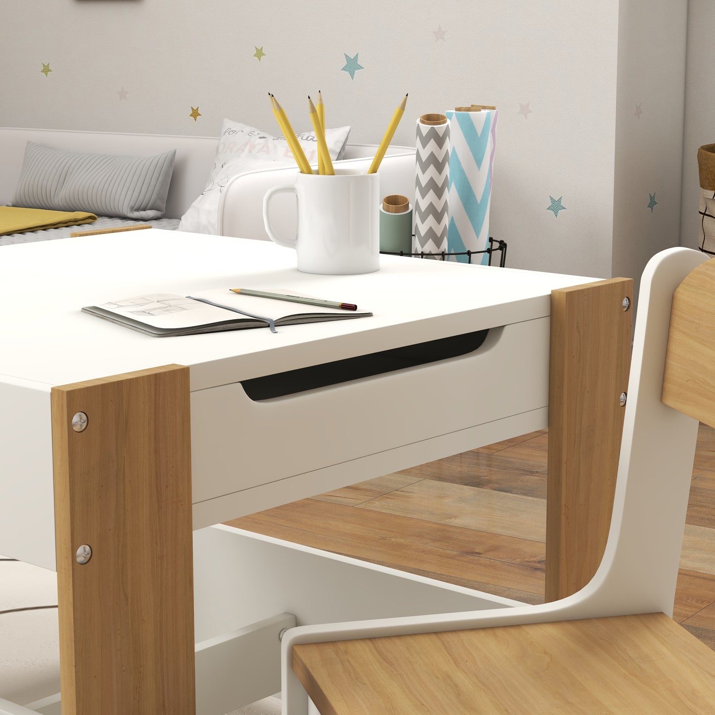 Three-Piece Kids Table and Chair Set with Blackboard, Storage, Bookshelves - Natural Wood