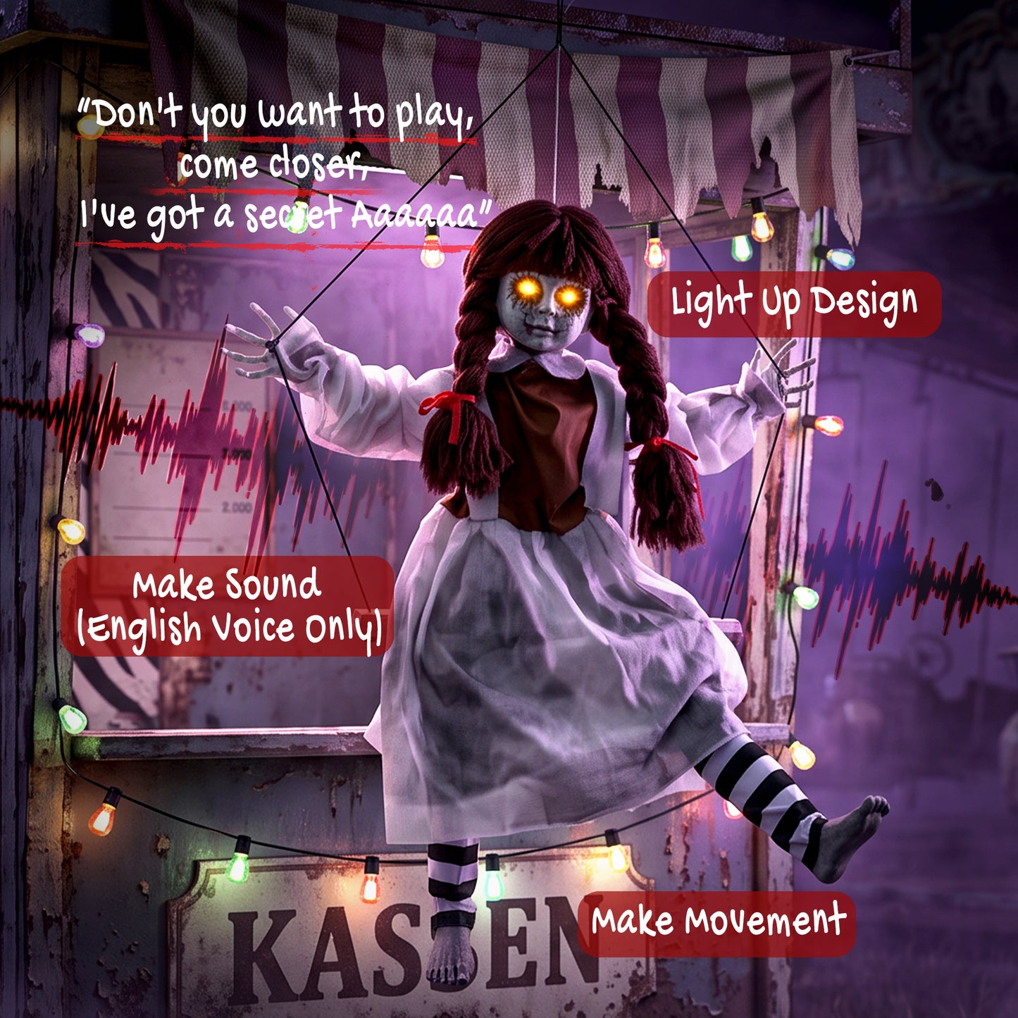 80 cm Halloween Animated Hanging Creepy Girl on Swing Decoration, Kicking Legs, Sound and Touch Activated