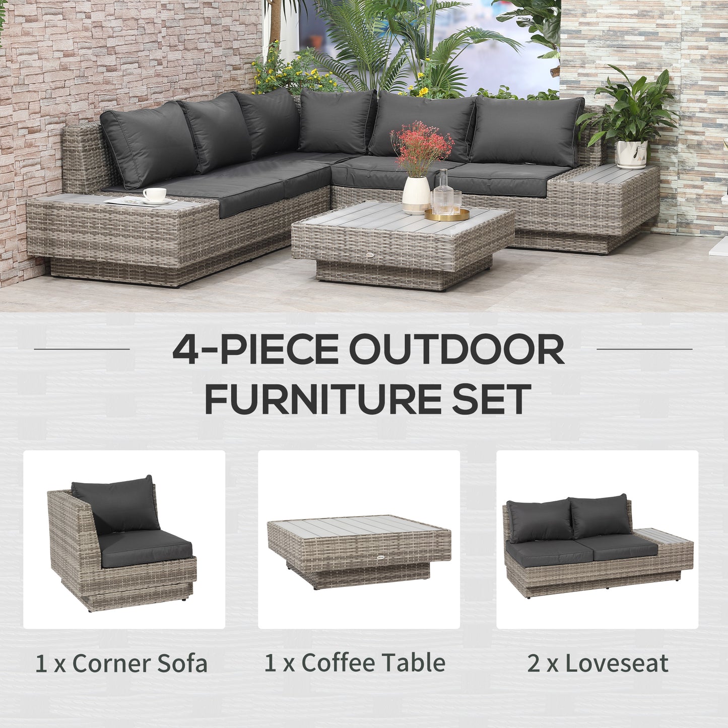 4 PCs Rattan Garden Furniture Outdoor Sectional Corner Sofa and Coffee Table Set Conservatory Wicker Weave Furniture with Arm