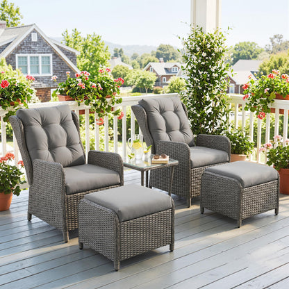 5 Pieces Rattan Bistro Set with Adjustable Back, Reclining Wicker Balcony Furniture with Cushions