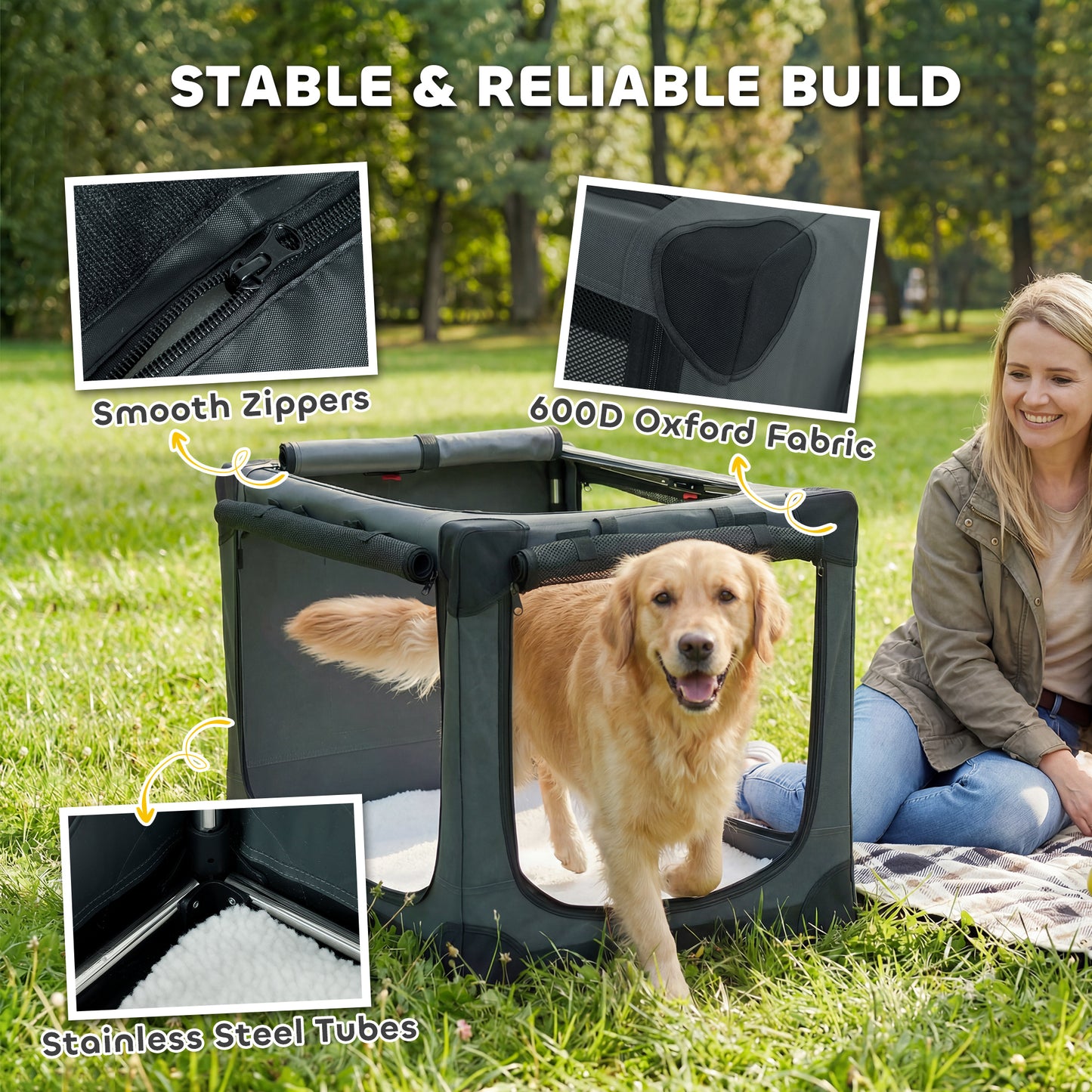 Soft Dog Crate Pet Travel Crate 90 x 64 x 64 cm with Removable Pad Mesh Window Army Green