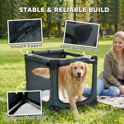 Soft Dog Crate Pet Travel Crate 90 x 64 x 64 cm with Removable Pad Mesh Window Army Green