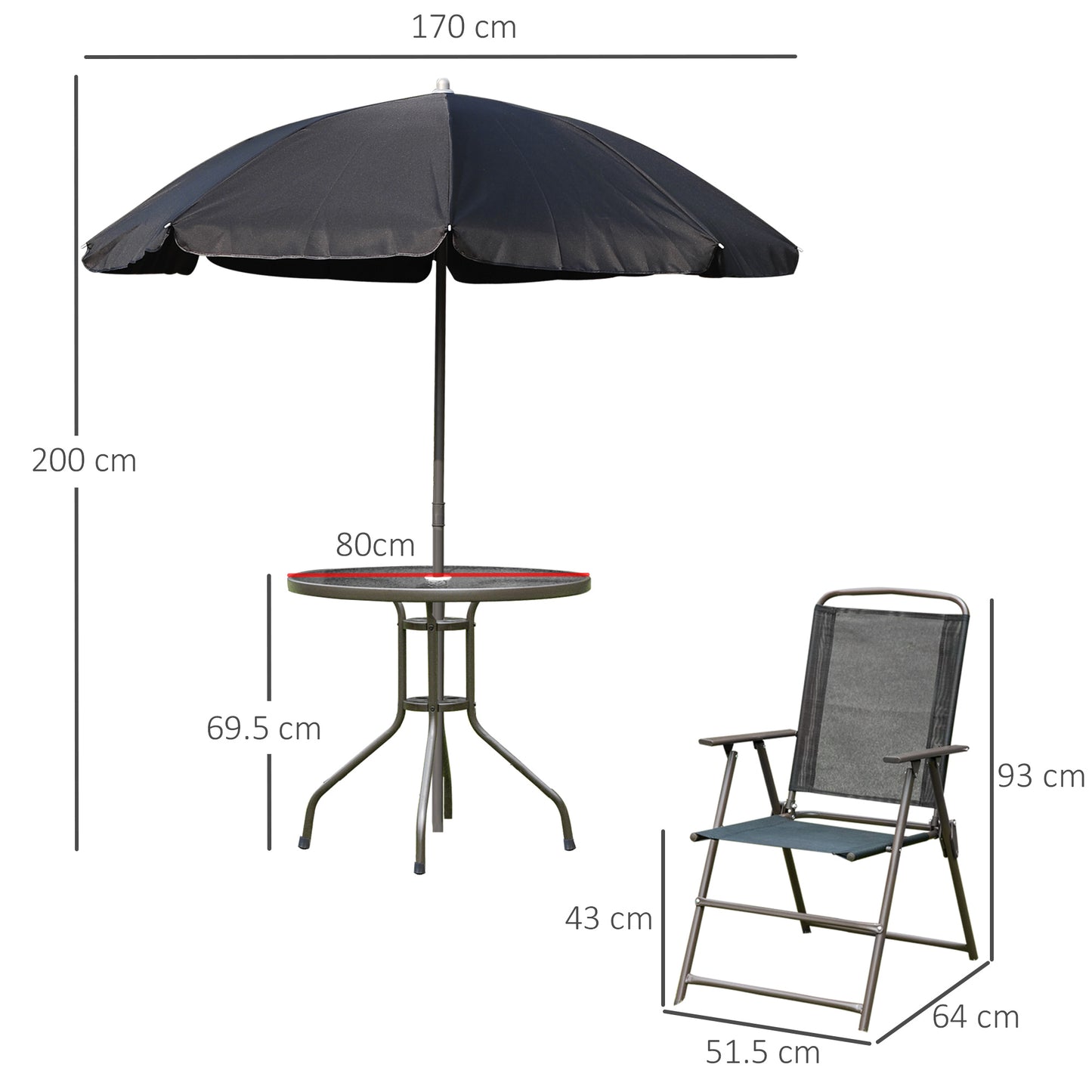 6 Piece Garden Dining Set with Umbrella, Patio Sets with Parasol with 4 Folding Dining Chairs, Black