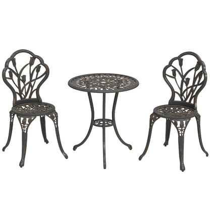 3 Piece Patio Bistro Set for 2, Outdoor Aluminium Garden Table and Chairs with Umbrella Hole for Balcony, Bronze Tone