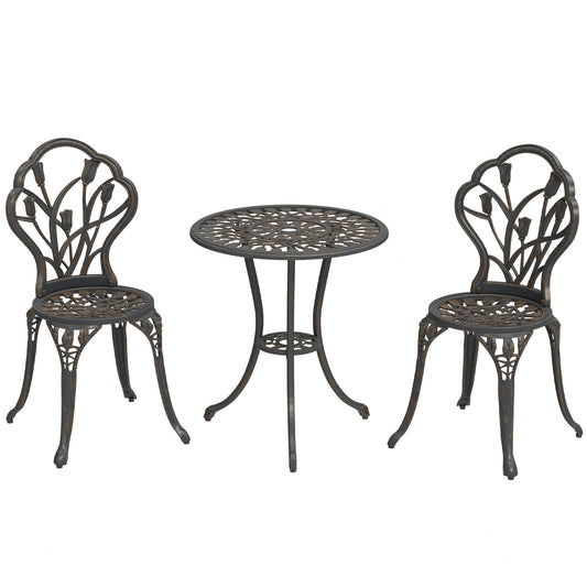 3 Piece Patio Bistro Set for 2, Outdoor Aluminium Garden Table and Chairs with Umbrella Hole for Balcony, Bronze Tone