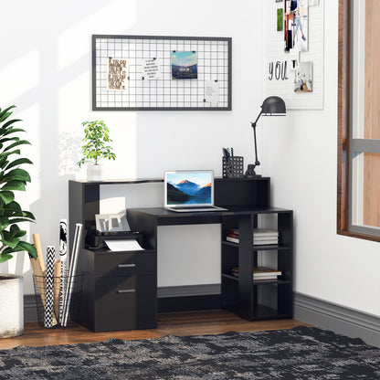 Computer Desk with Drawers and Storage Shelves, Office Desk Writing Table with Printer Stand, Black
