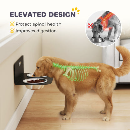 Wall Mount Dog Bowls, Adjustable Height Raised Dog Feeding Station with 2 Stainless Steel Bowls, 10kg Capacity, Black