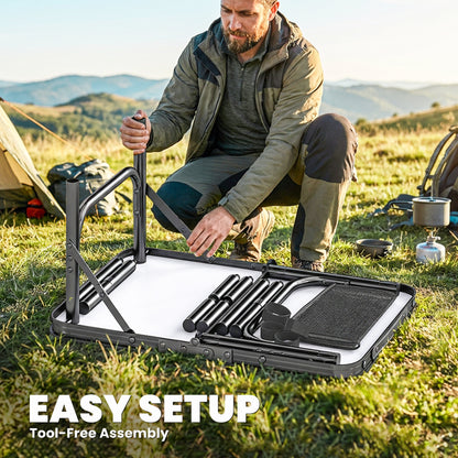 2ft Folding Camping Table, Picnic Table with Mesh Storage Layer, 4 Adjustable Heights and Carrying Handle, Black