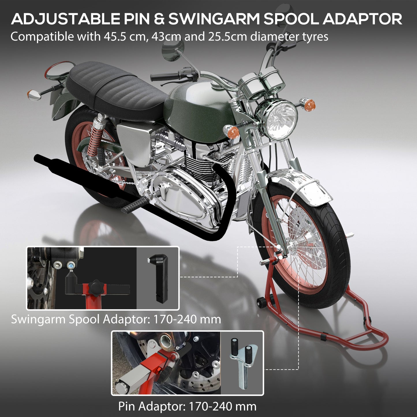 Front Motorcycle Paddock Stand Motorbike Stand with Anti-Slip Mat, Adjustable Pin and Swingarm Spool Adaptors